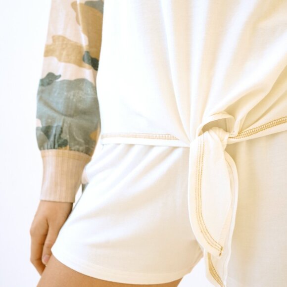 MYSTREE Cream Camo Sleeve Tie Front Top, Long Sleeve Lightweight Lounge Pullover - Picture 5 of 5